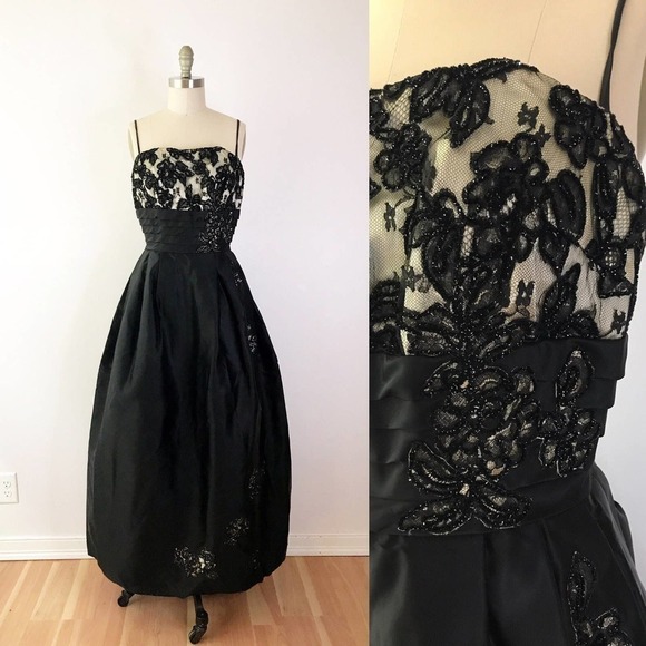 60s Formal Lace Dress Vintage Long Black Maxi Dress Structured Full Skirt Prom - Picture 1 of 10